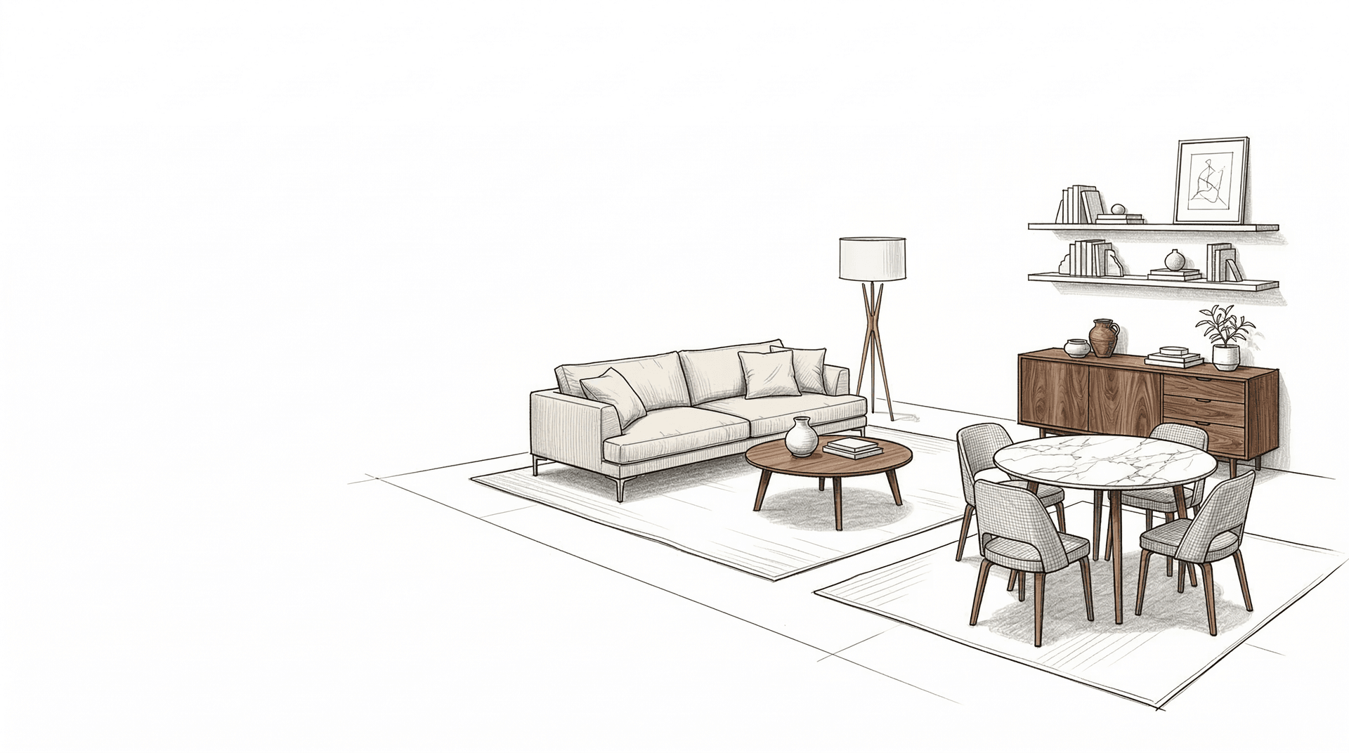 Interior design sketch — living room with sofa, dining table, and shelving