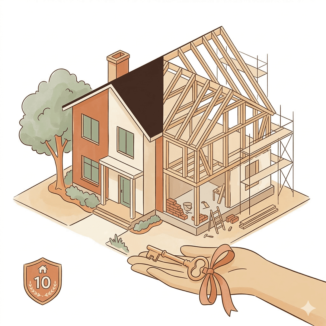 Construction site with house frame rising and scaffolding