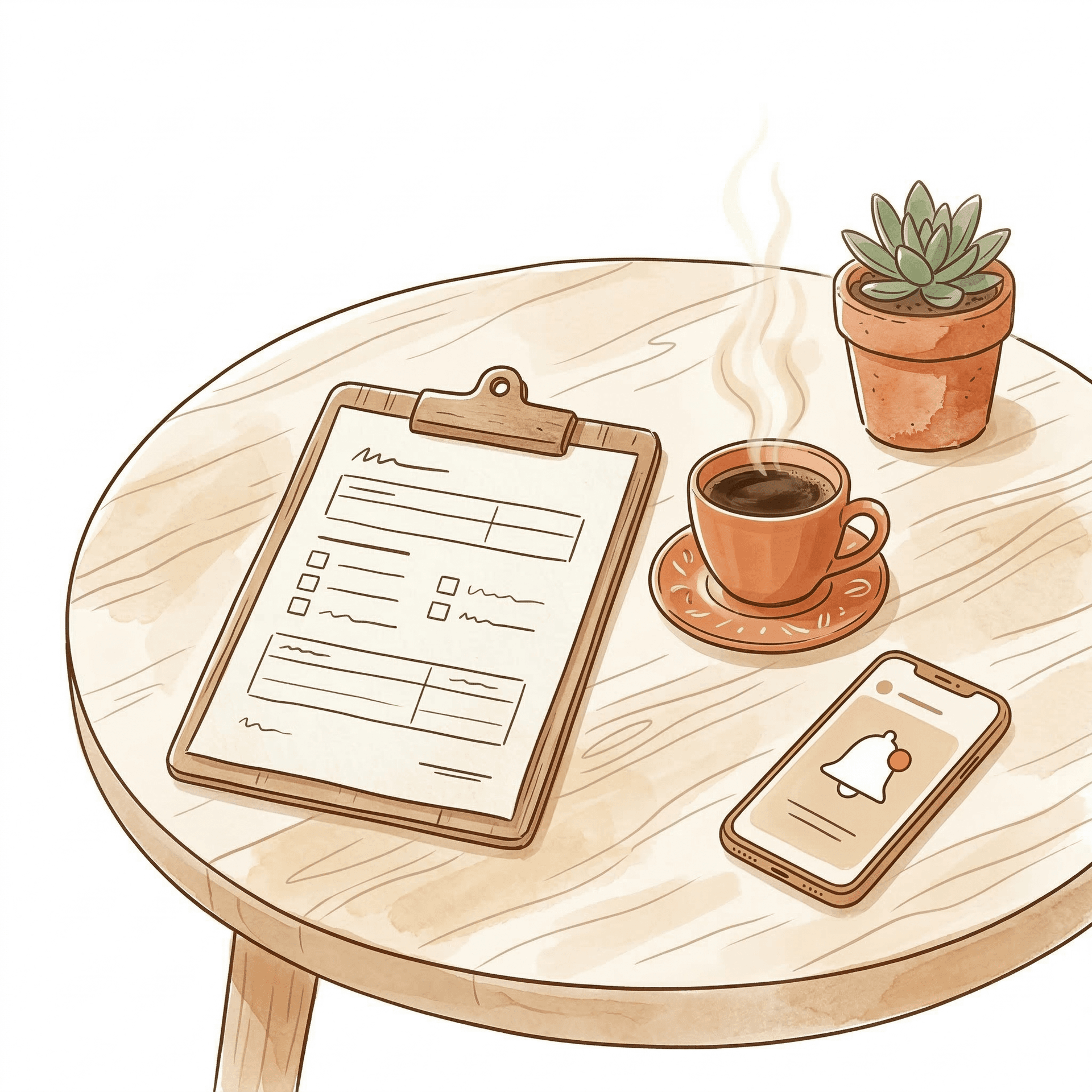 Clipboard with form, coffee cup, and phone on a table