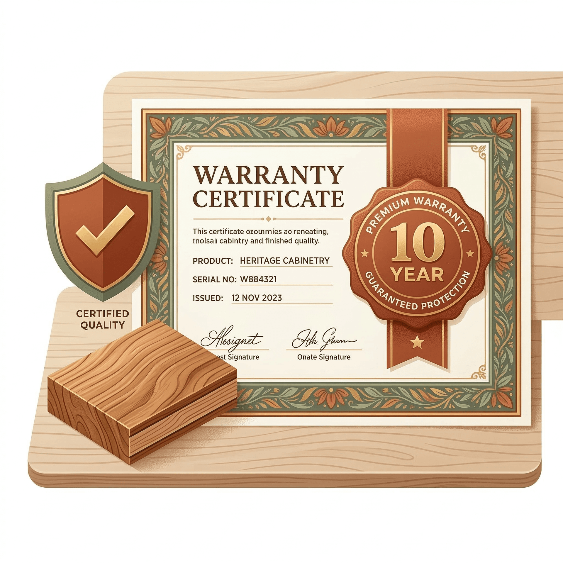 10-year warranty certificate with a gold badge beside a sturdy concrete and steel structure