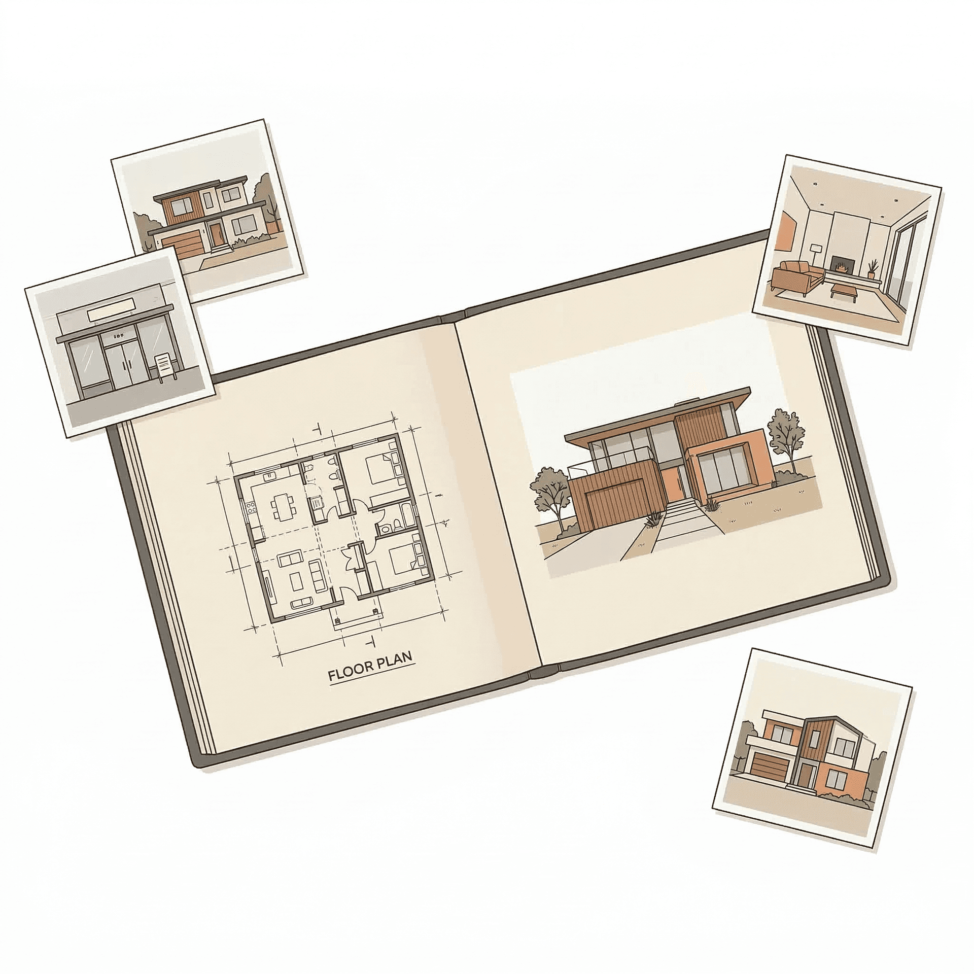 Open architecture portfolio showing floor plans and villa elevations