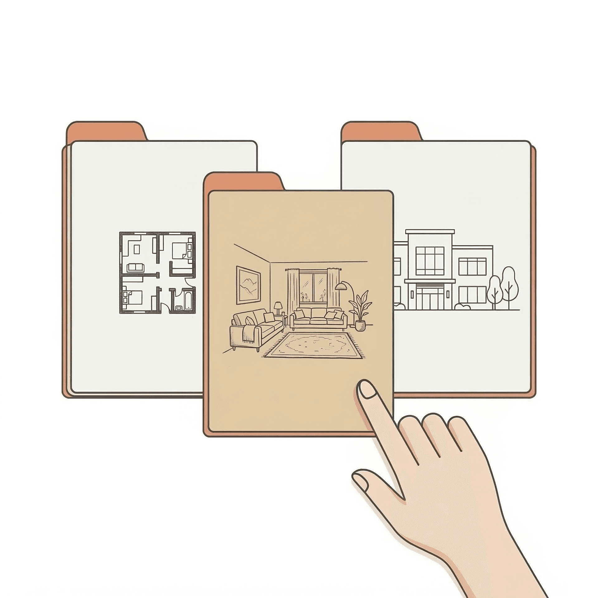 Hand selecting from design service folders — floor plans, interiors, and elevations