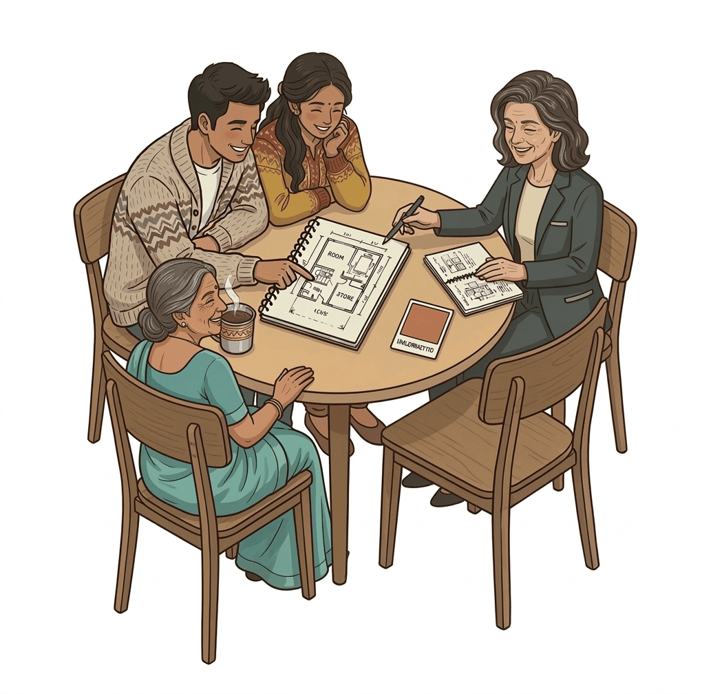 Consultation table with floor plan notebook, coffee, and material swatches