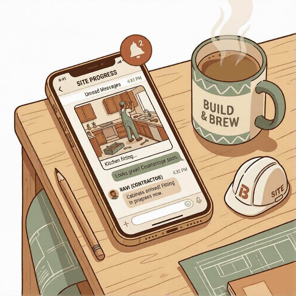 Smartphone showing daily site progress photos and update notifications