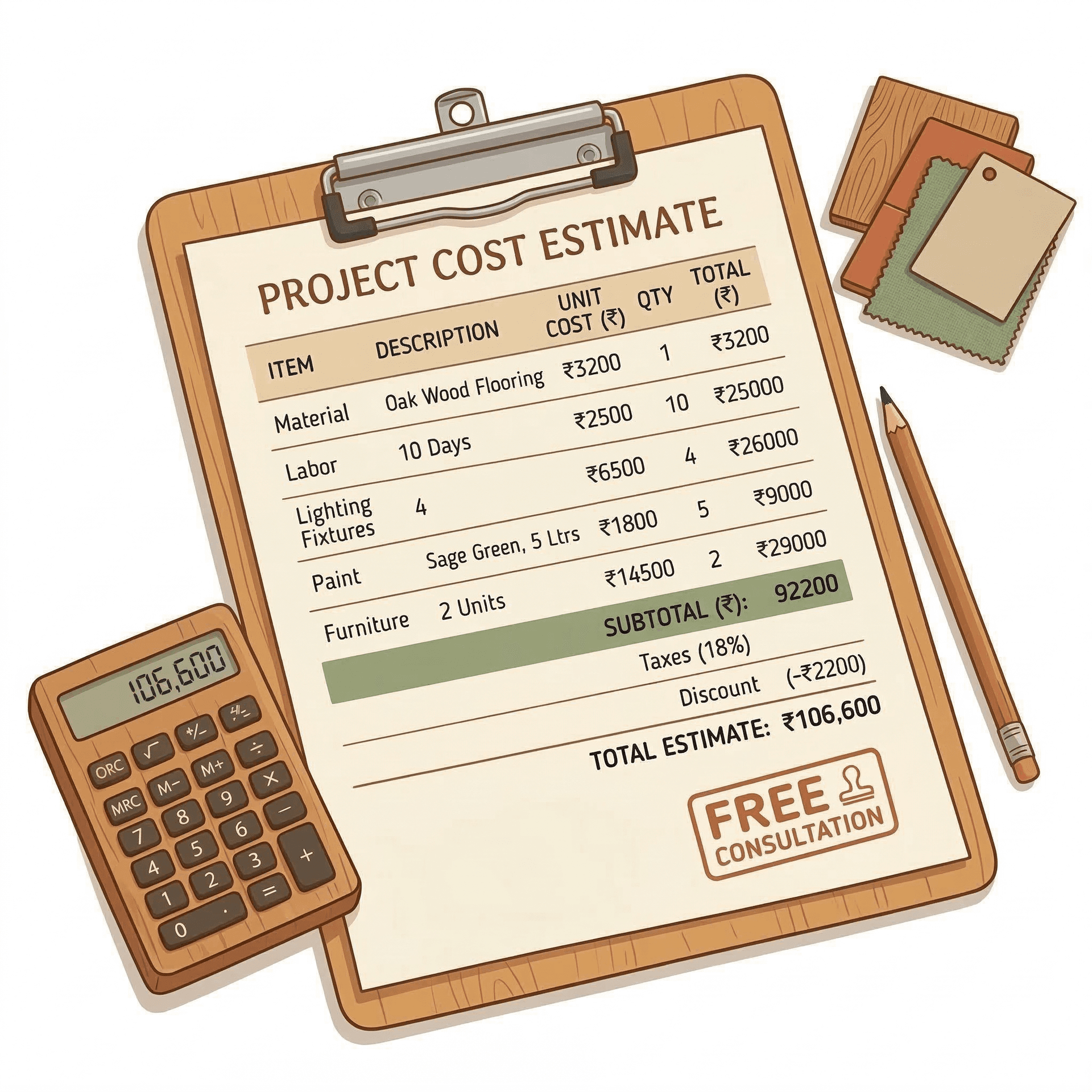 Detailed cost estimate document with itemised material pricing and a calculator
