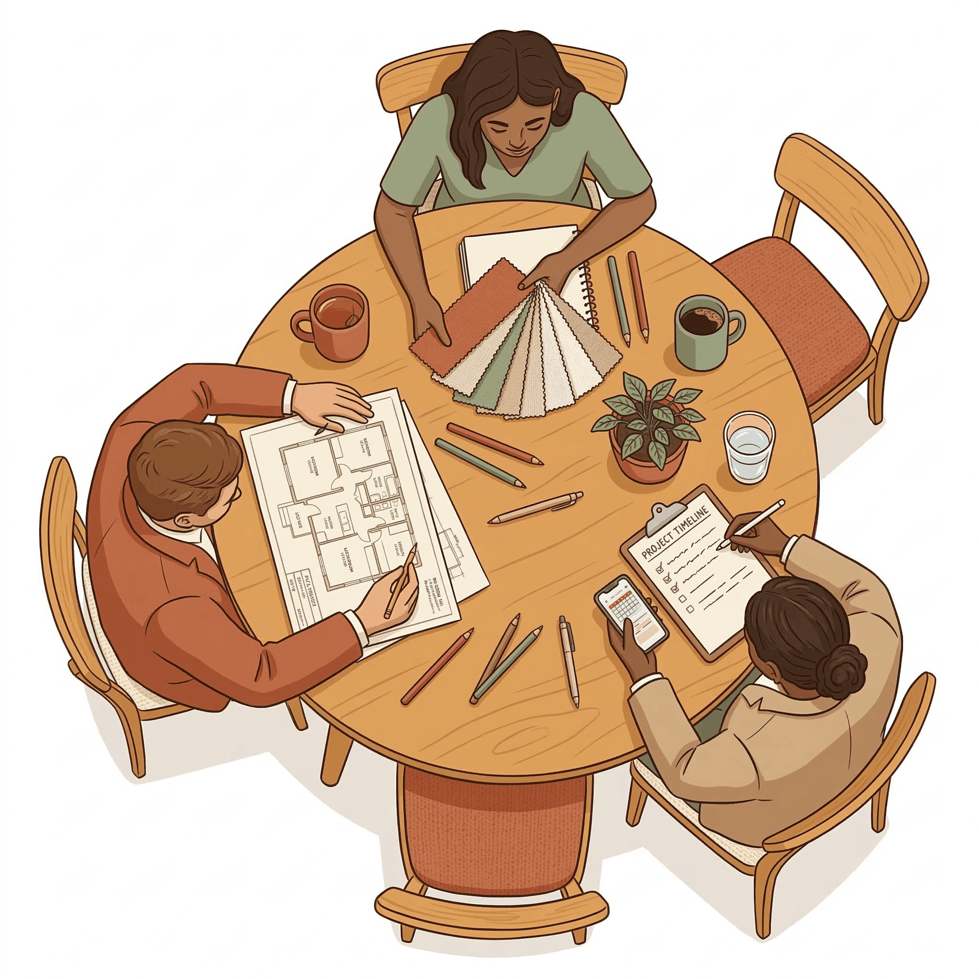 In-house team of architects, designers, and coordinators collaborating around a table with blueprints