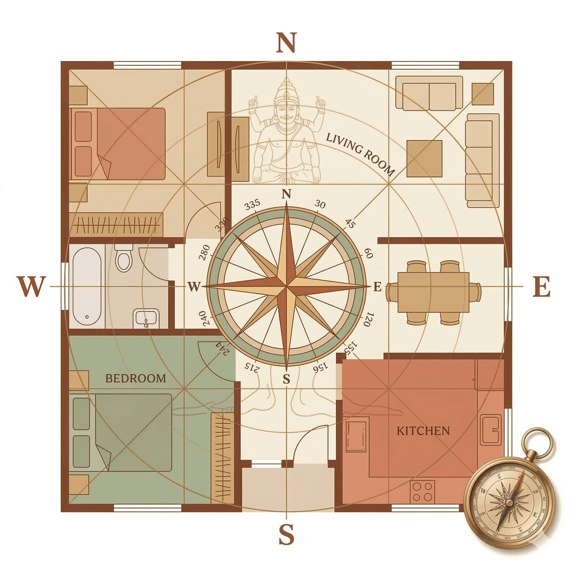 Floor plan layout with Vastu compass overlay showing directional alignment for rooms