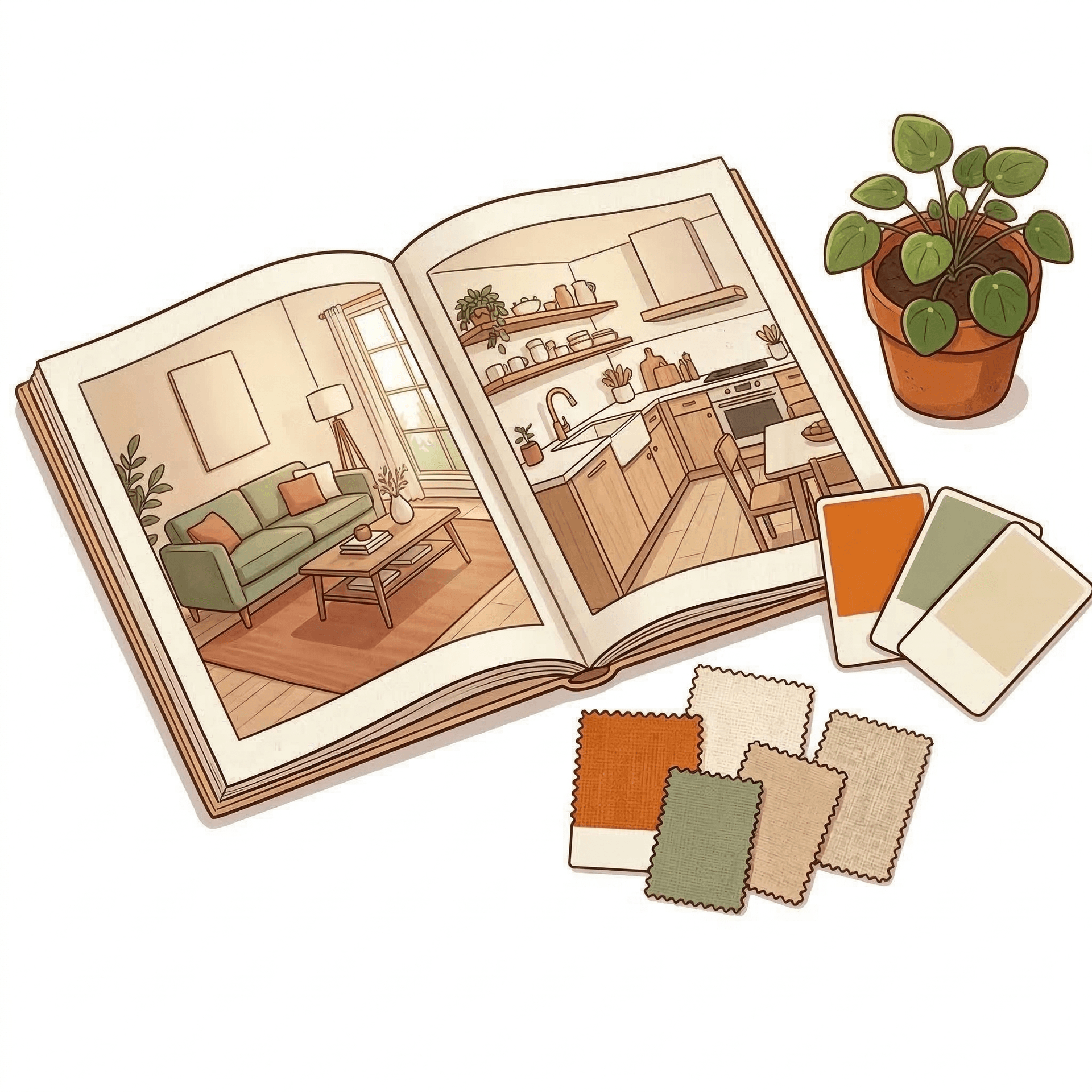 Open lookbook of furnished interiors with fabric swatches and paint chips spread on a table