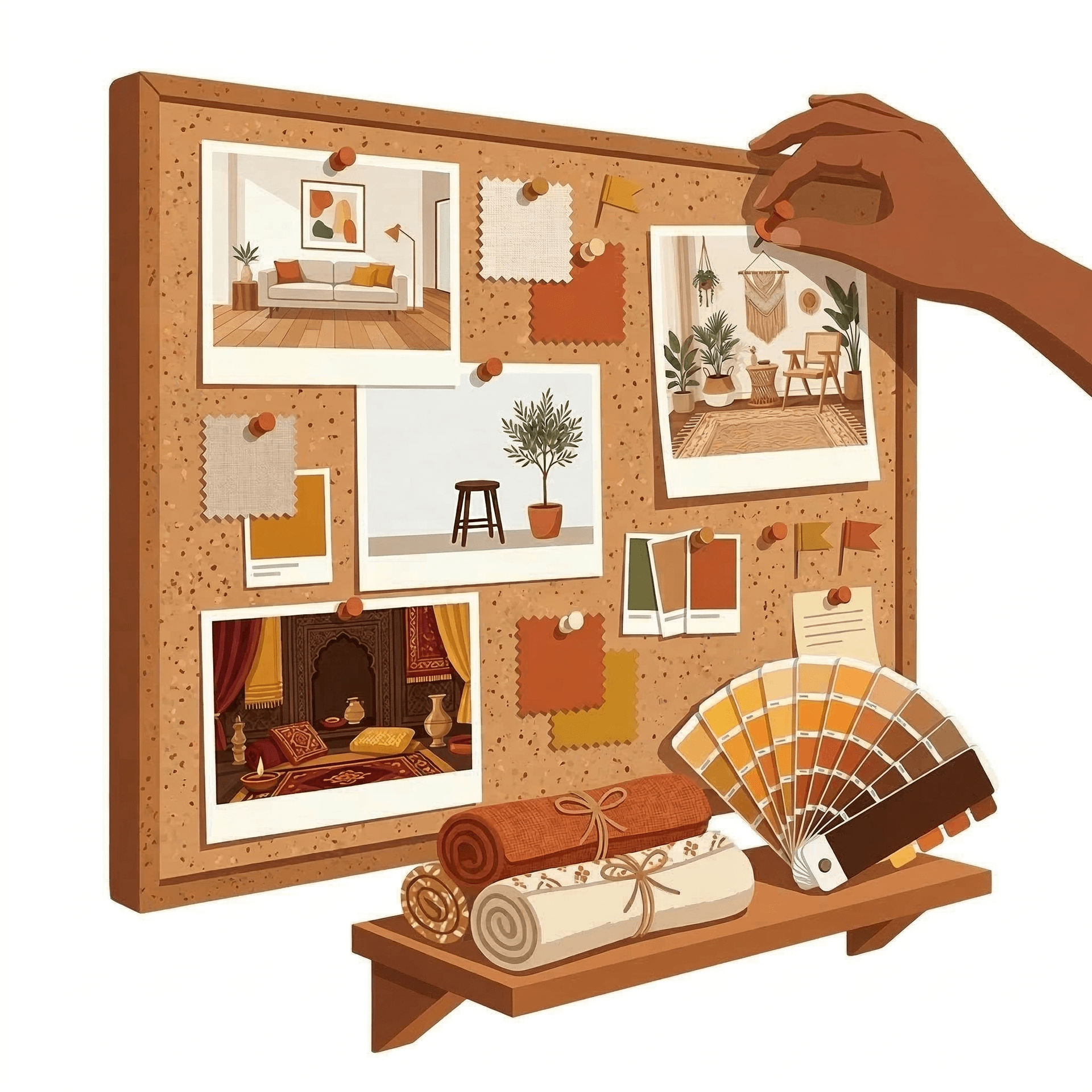 Hand pinning a mood board with interior style samples — contemporary, minimalist, and traditional Indian