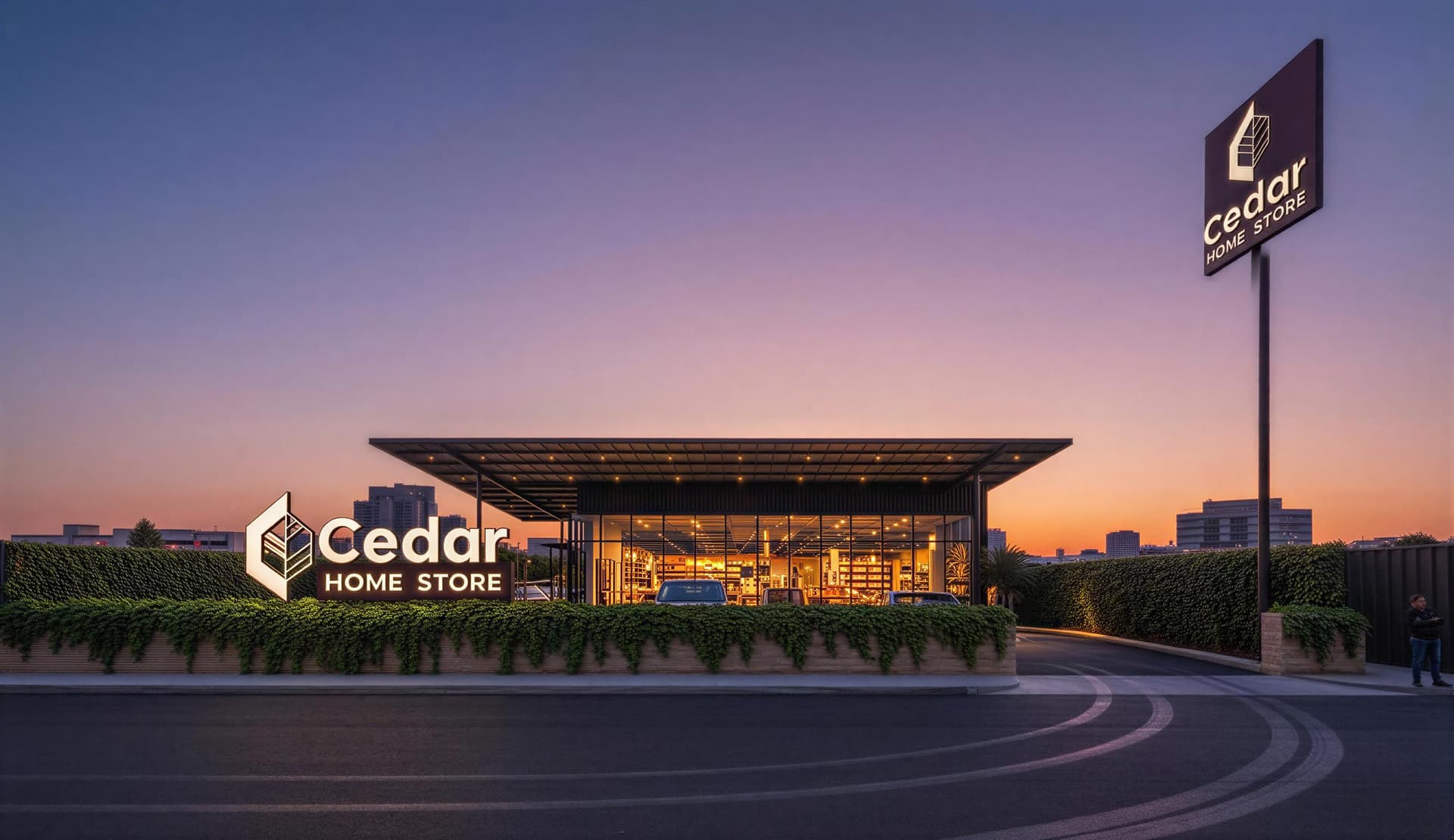 Cedar Homestore at dusk — completed building